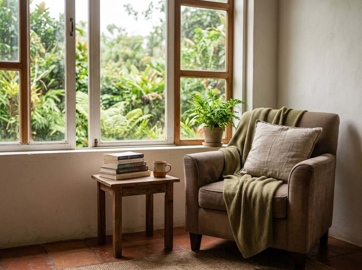 Pila de libros junto a un sillón de lectura cerca de una ventana.