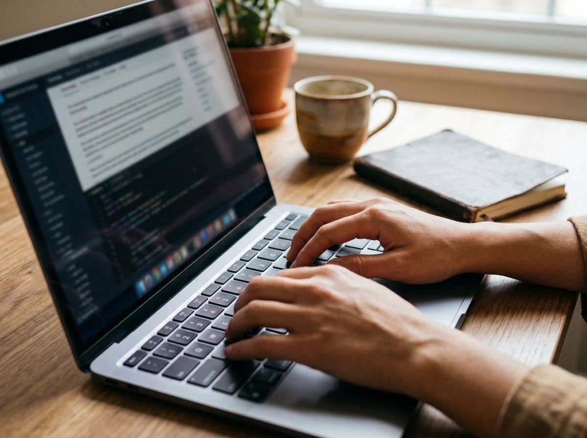Manos escribiendo código en una laptop sobre un escritorio con un cuaderno.