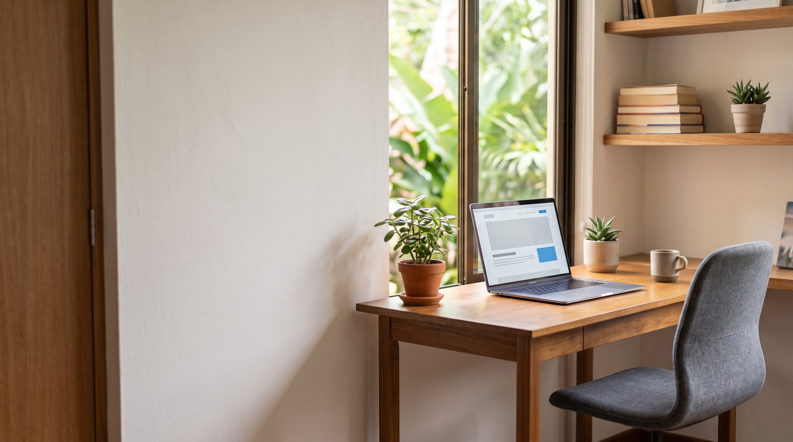 Escritorio de trabajo con laptop, planta y libros en luz natural.